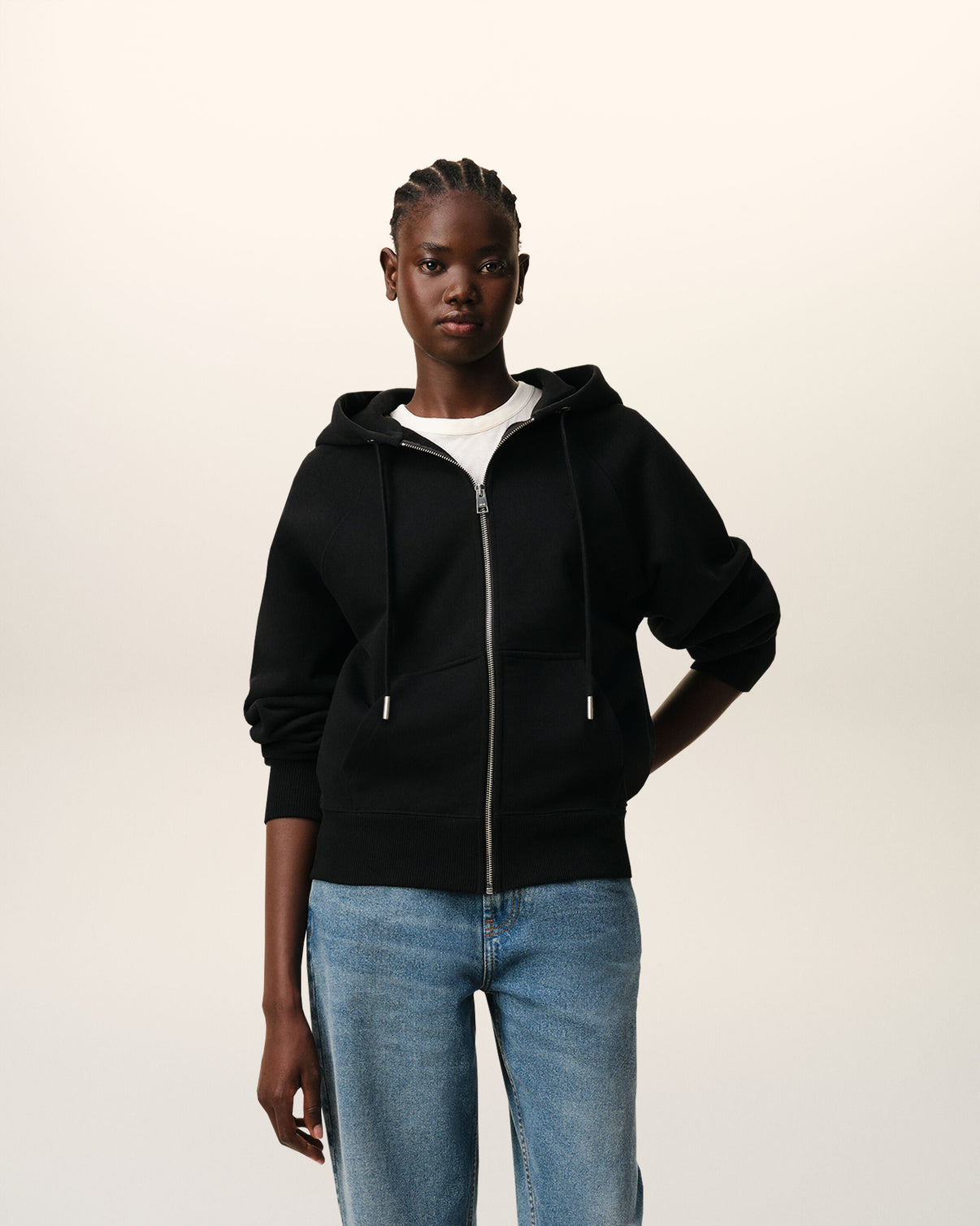 Black Cotton Embossed Zipped Hoodie