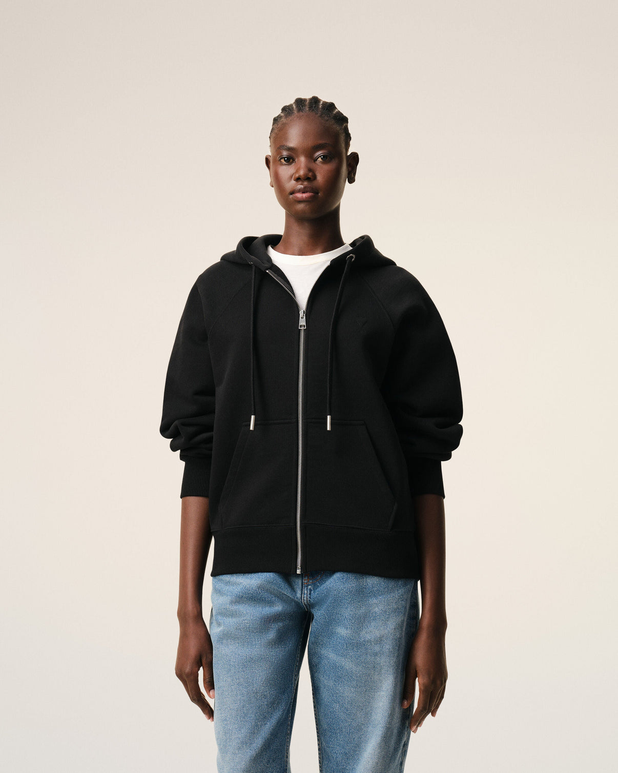Black Cotton Embossed Zipped Hoodie