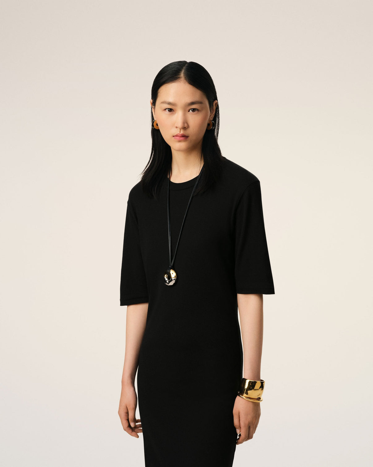 Black Cotton Short Sleeve Midi Dress