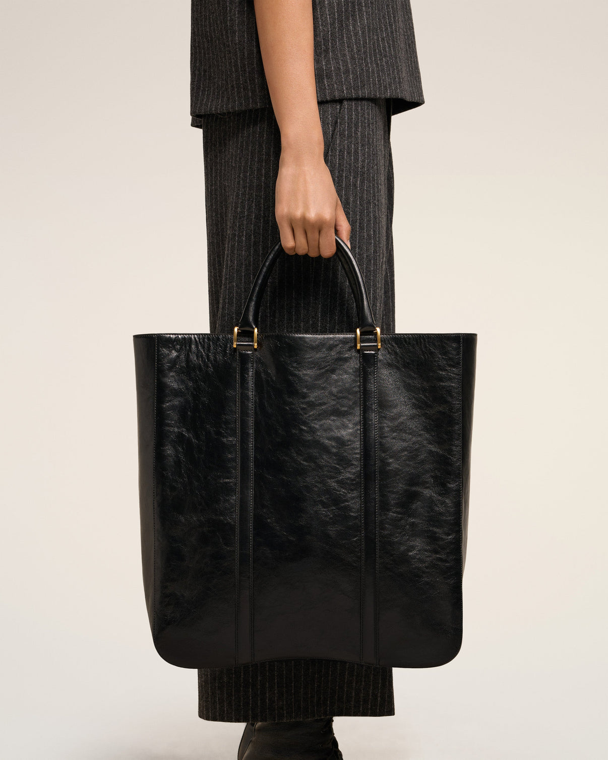 Black Leather North South Tote Bag