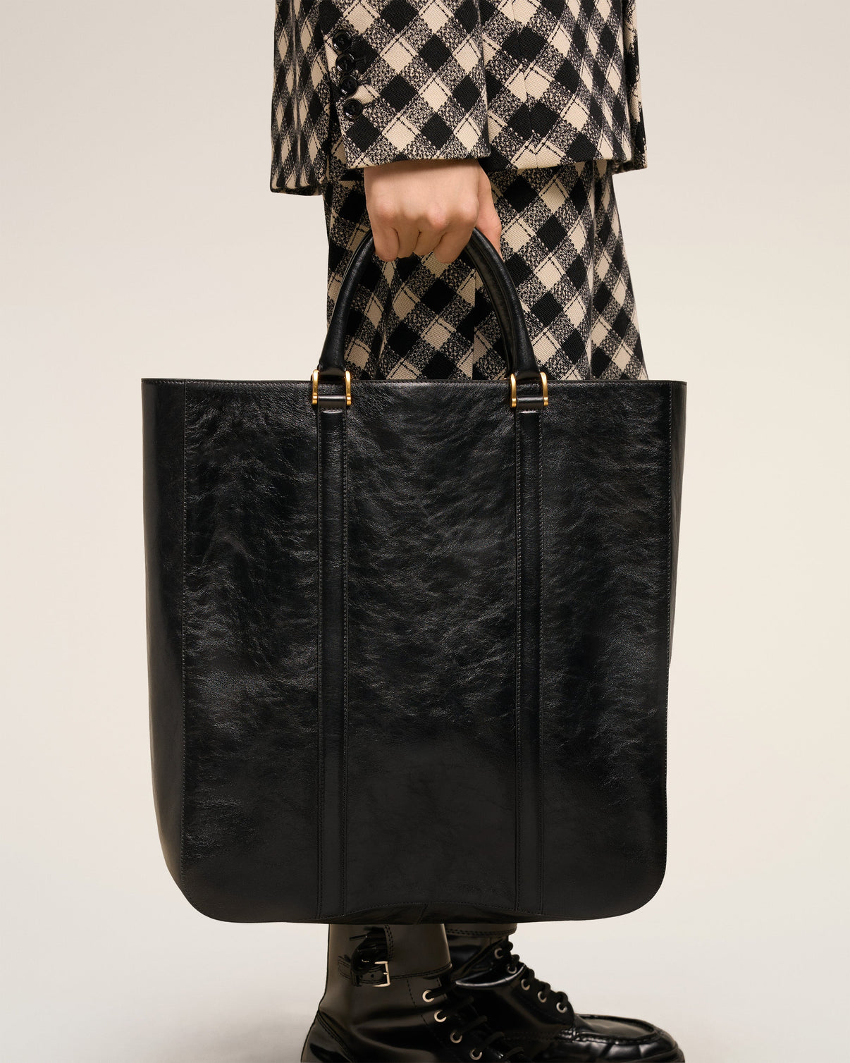 Black Leather North South Tote Bag