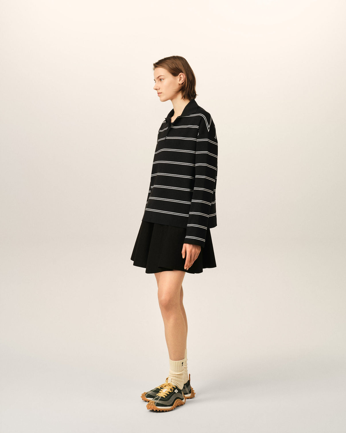 Black striped cotton polo with patch