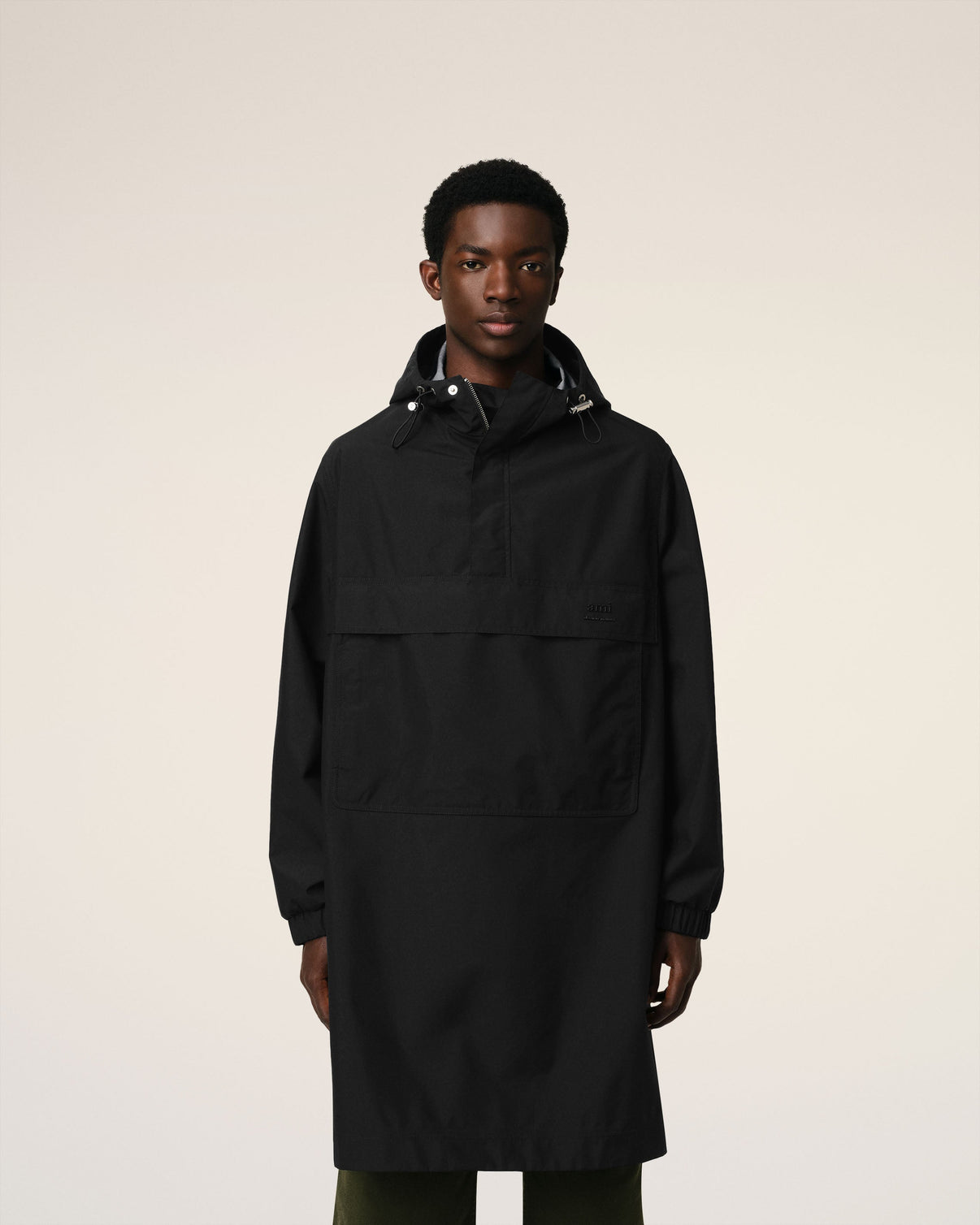 Black Water-repellent Long Hooded Windbreaker