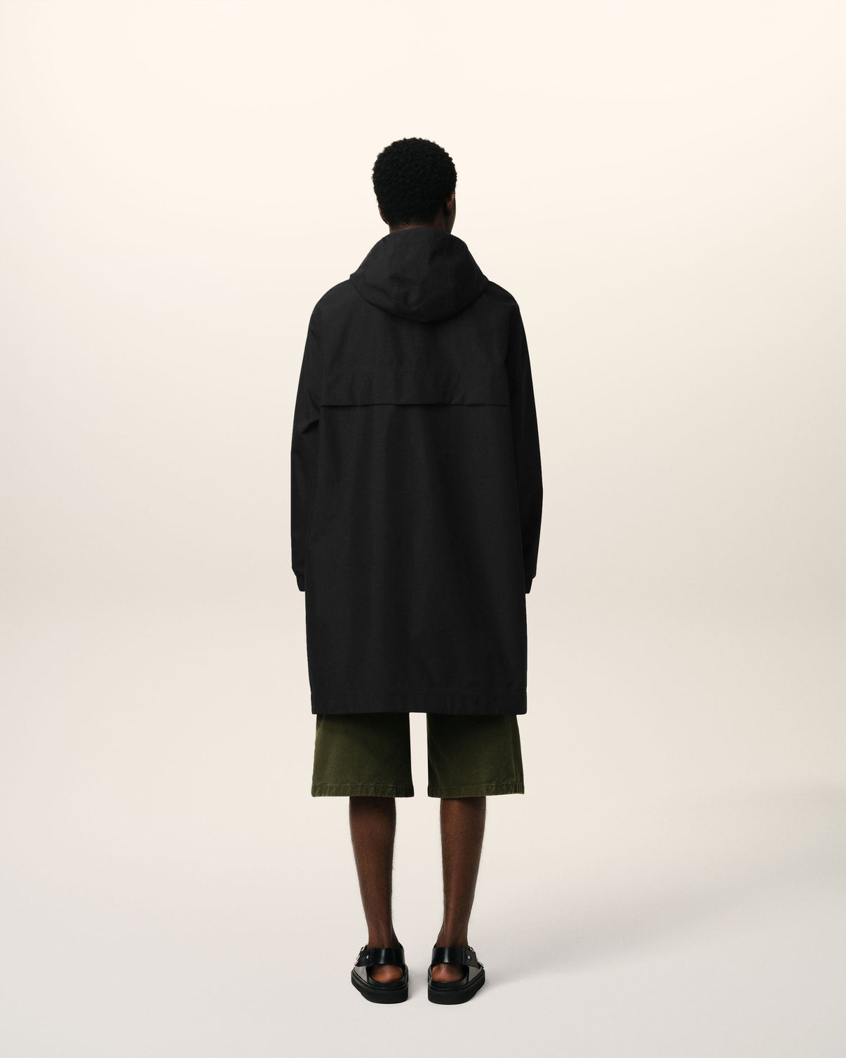 Black Water-repellent Long Hooded Windbreaker