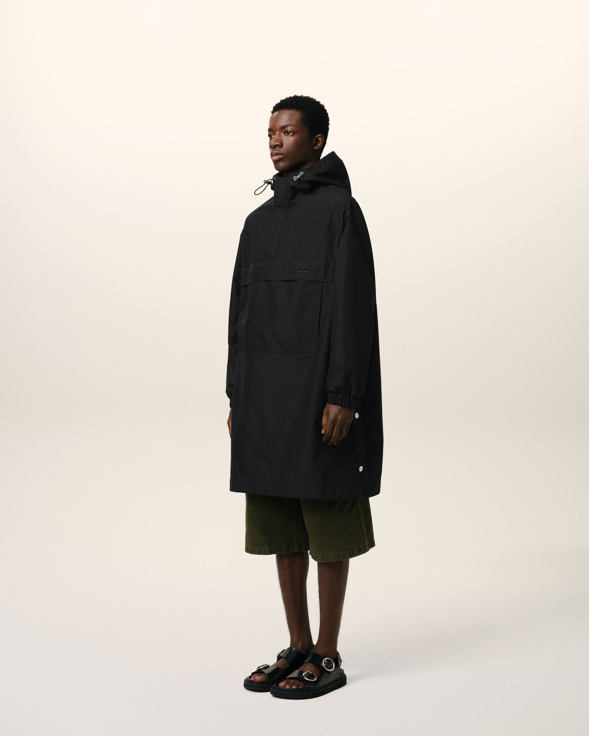 Black Water-repellent Long Hooded Windbreaker