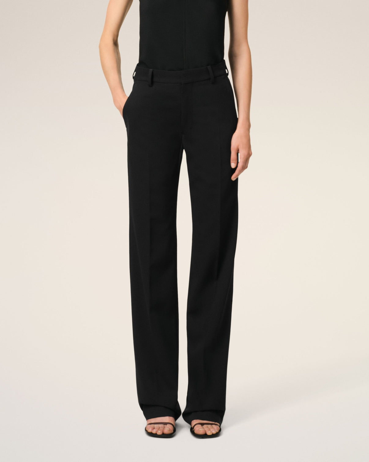 Black Wool Contrasted Straight Trousers