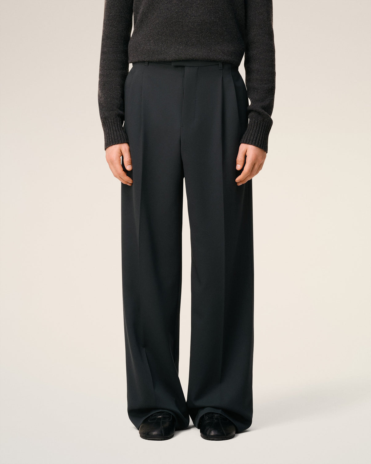 Black Wool Low Waist Wide Trousers