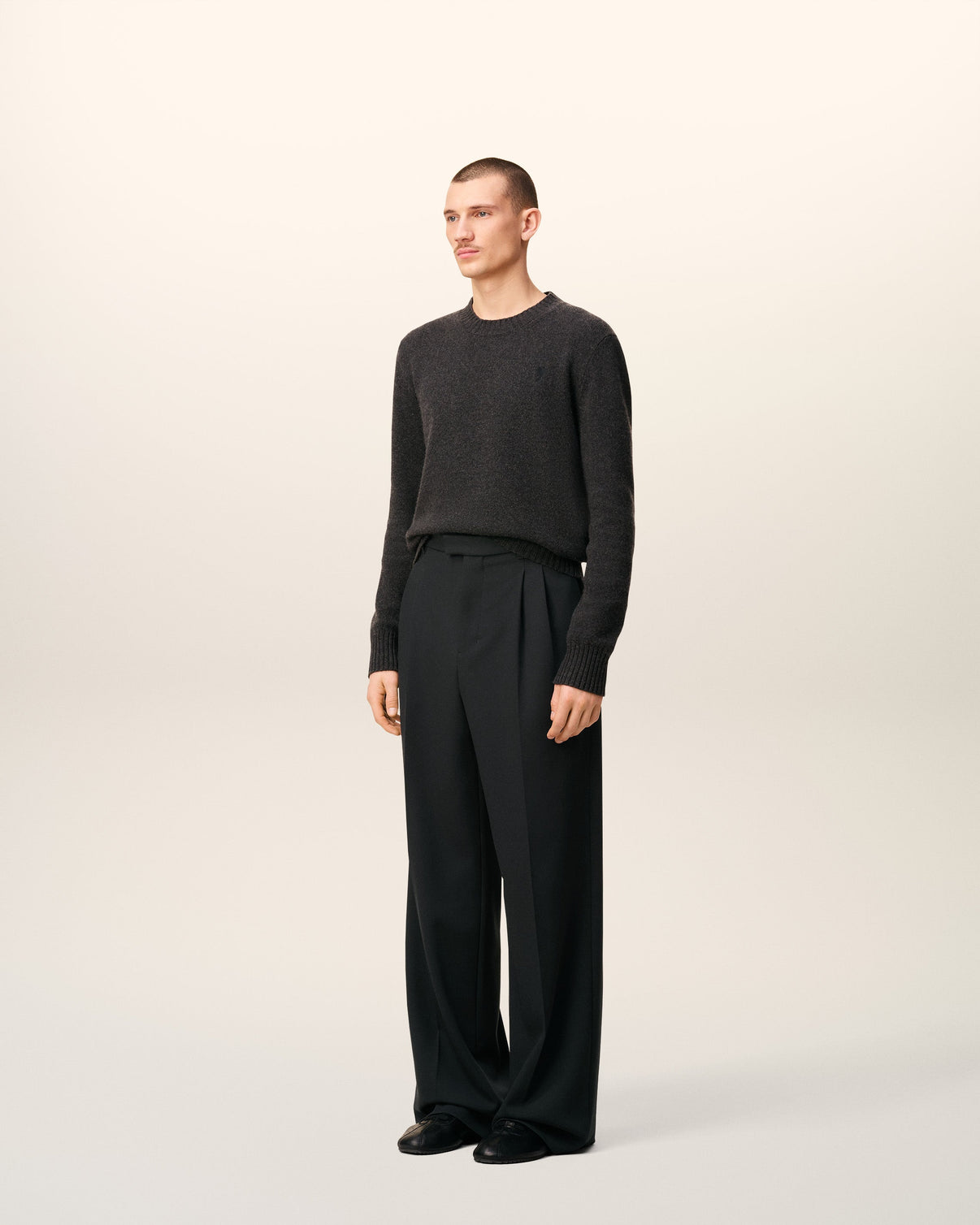 Black Wool Low Waist Wide Trousers