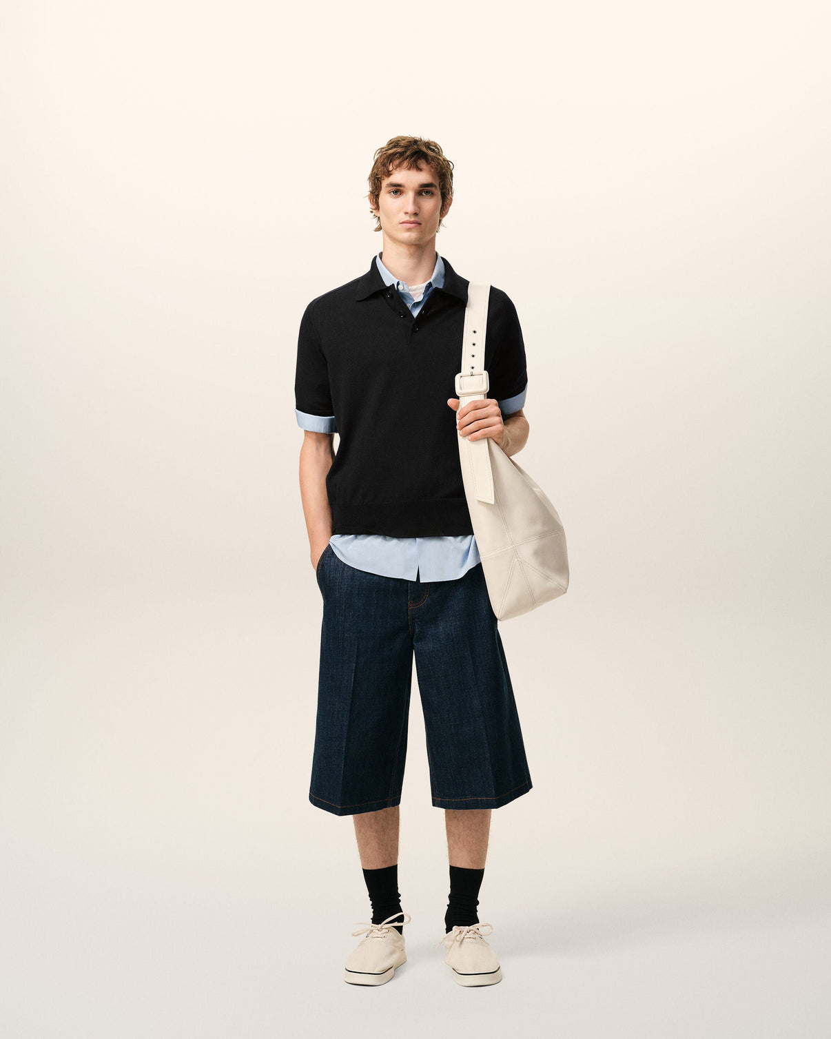Black Wool Short Sleeves Polo