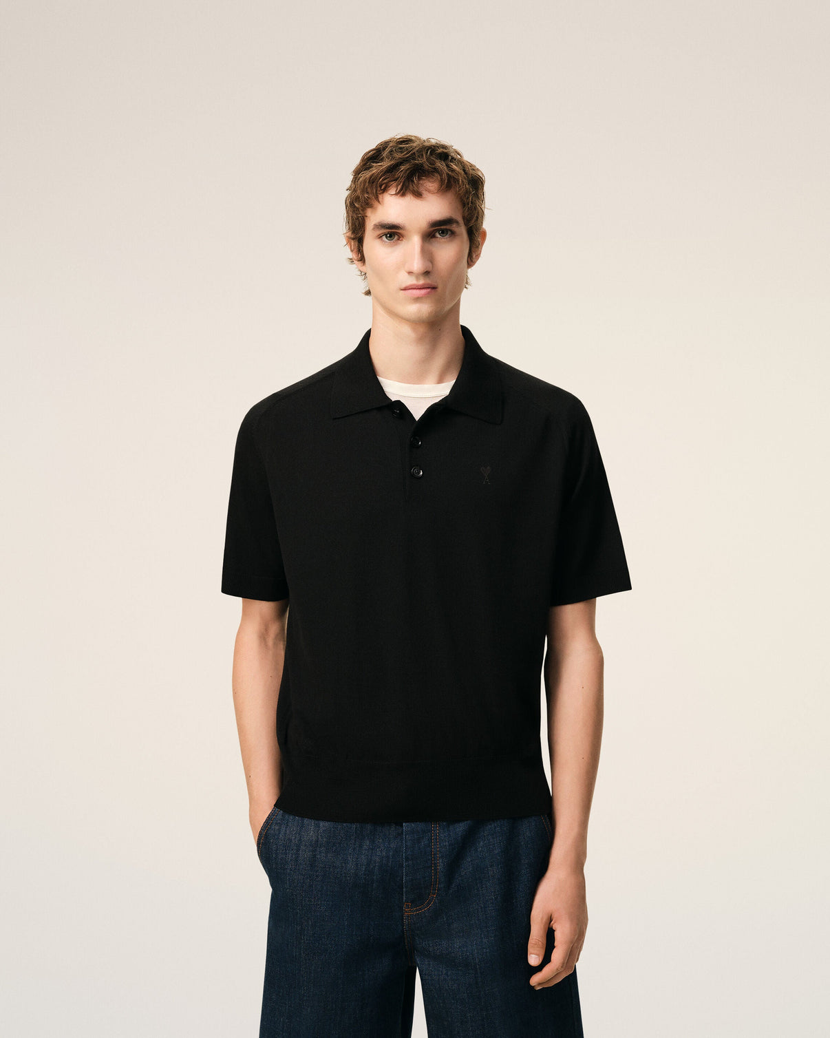 Black Wool Short Sleeves Polo