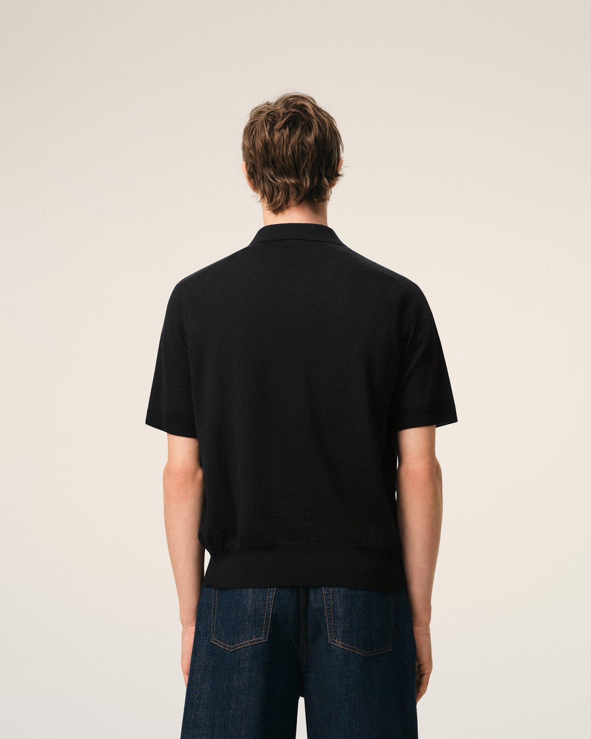 Black Wool Short Sleeves Polo