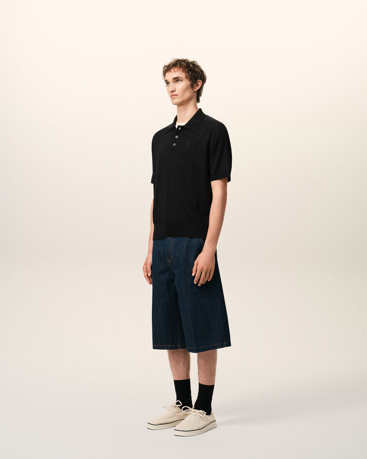 Black Wool Short Sleeves Polo