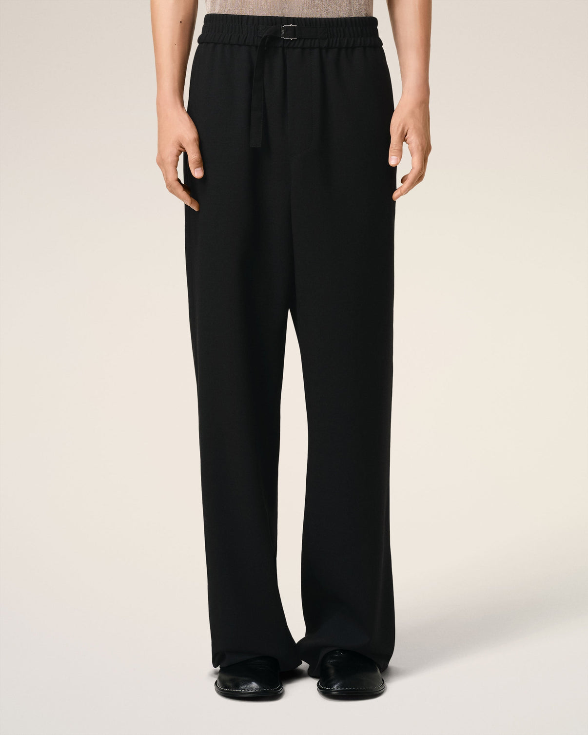 Black Wool Straight Fit Elasticated Trousers