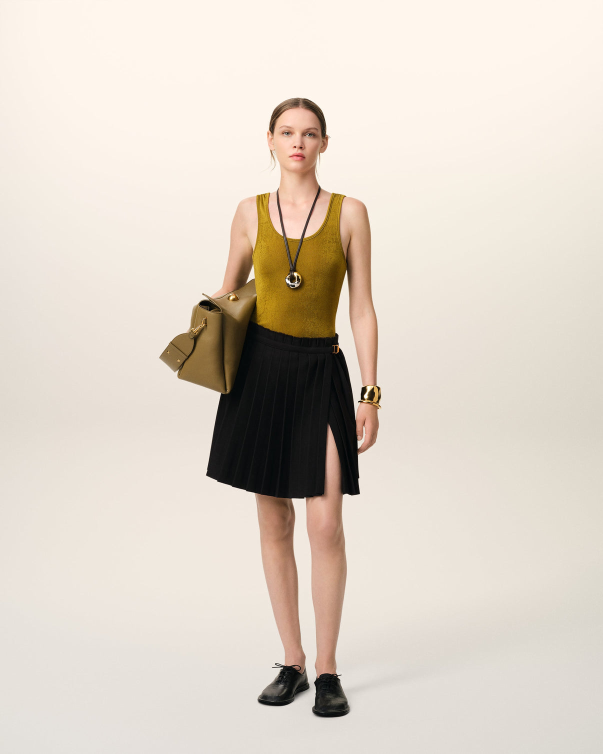 Black Wool Twill Short Pleated Skirt