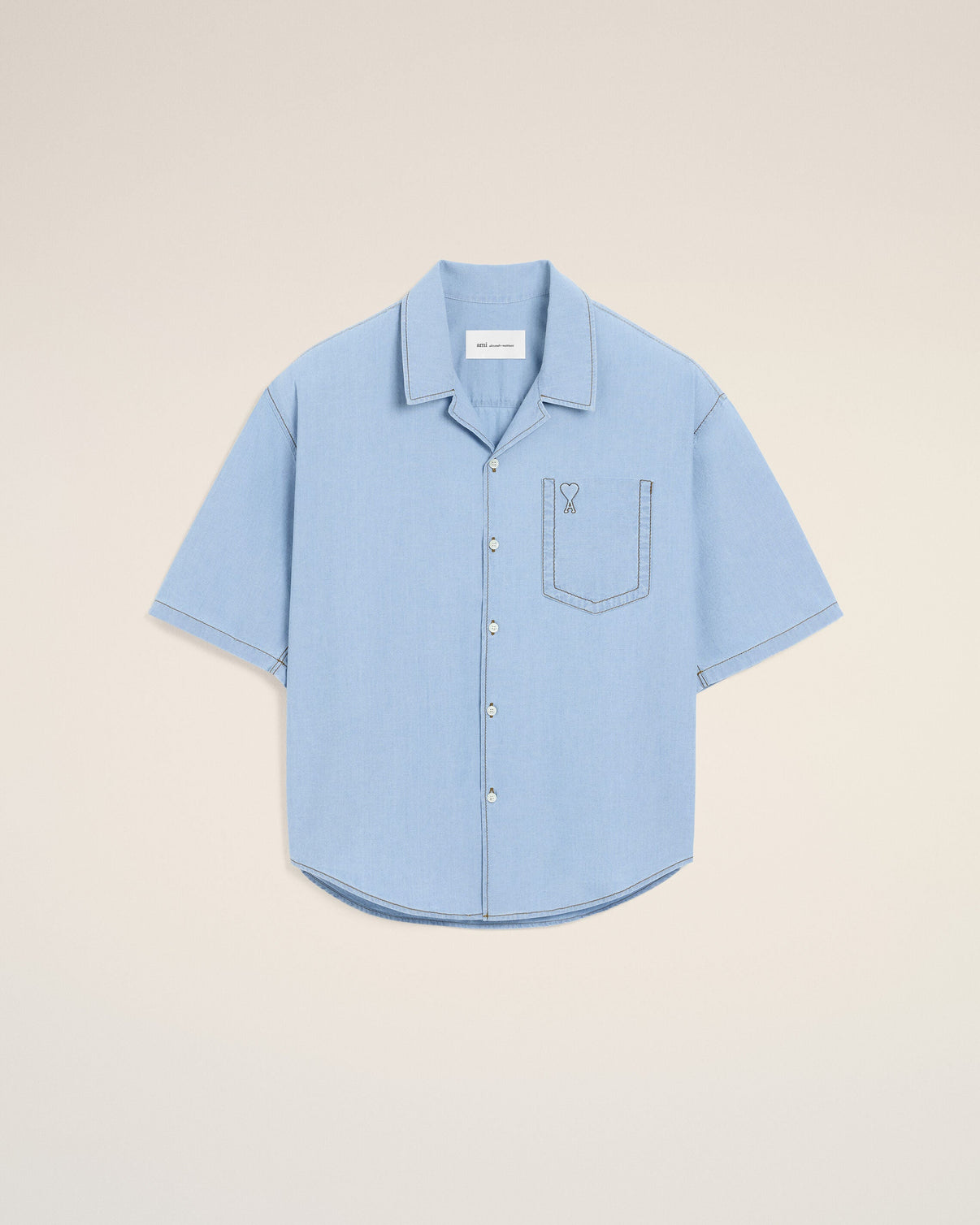 Blue boxy cotton short-sleeve shirt with