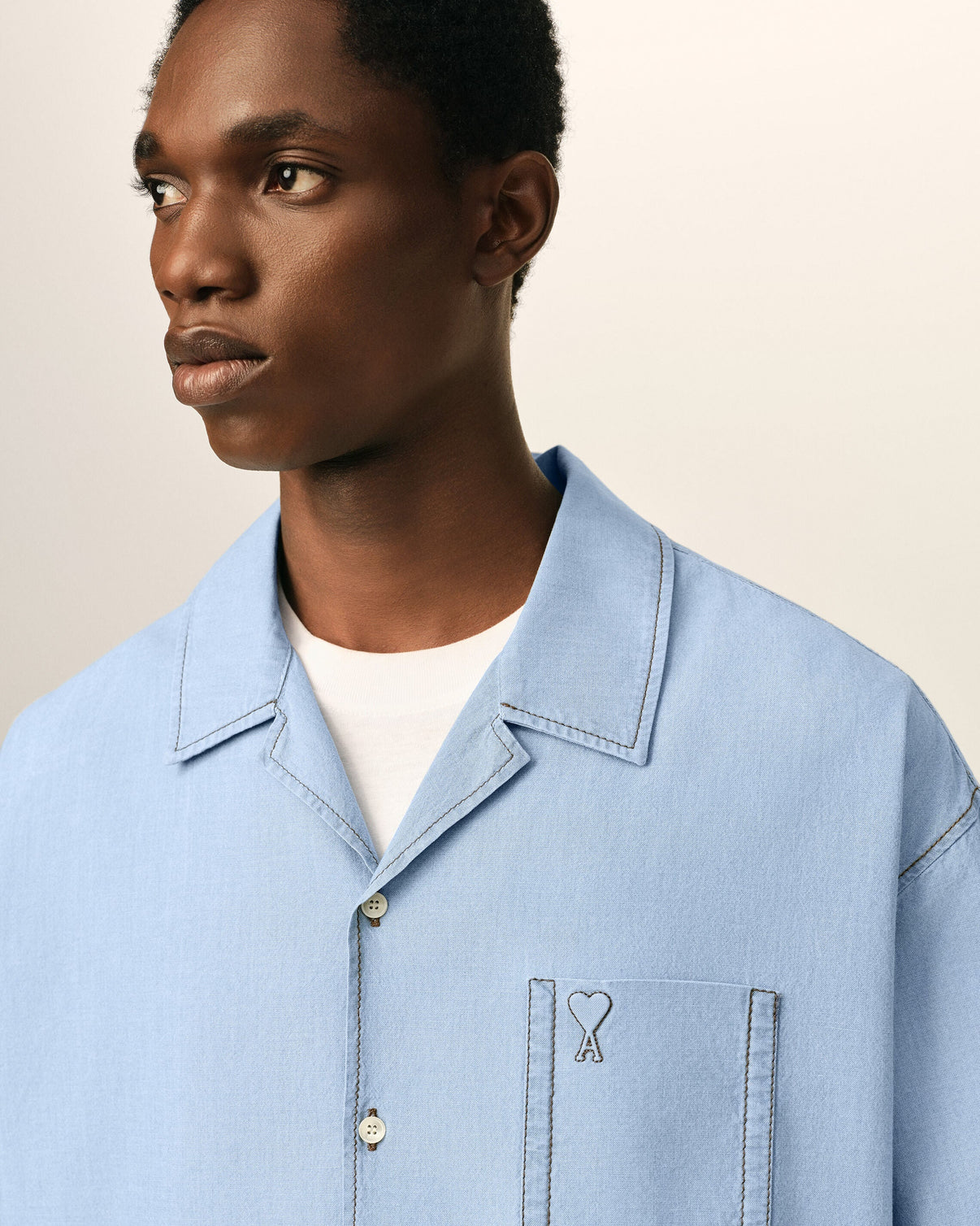 Blue boxy cotton short-sleeve shirt with