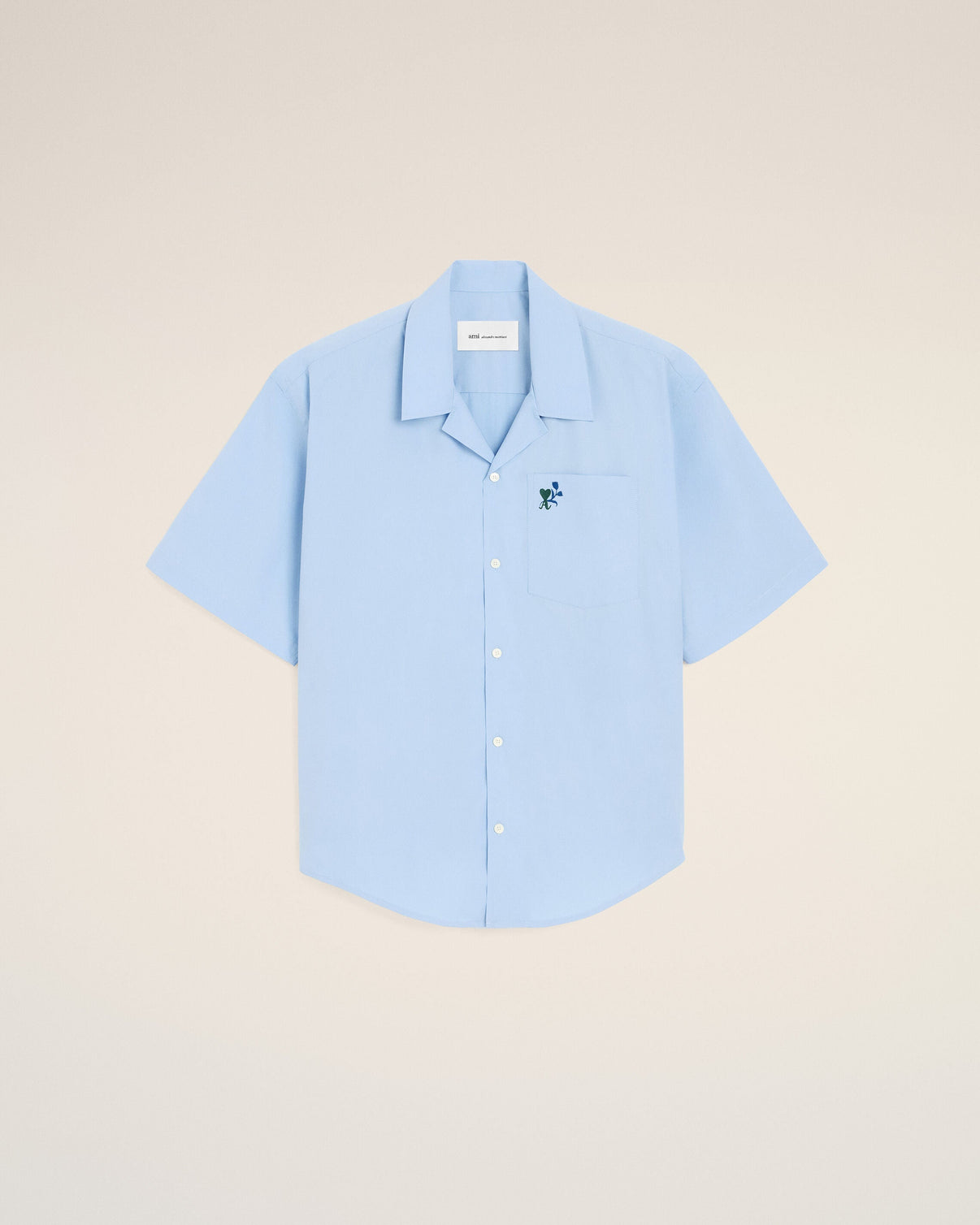 Blue boxy cotton short-sleeve shirt with tulip