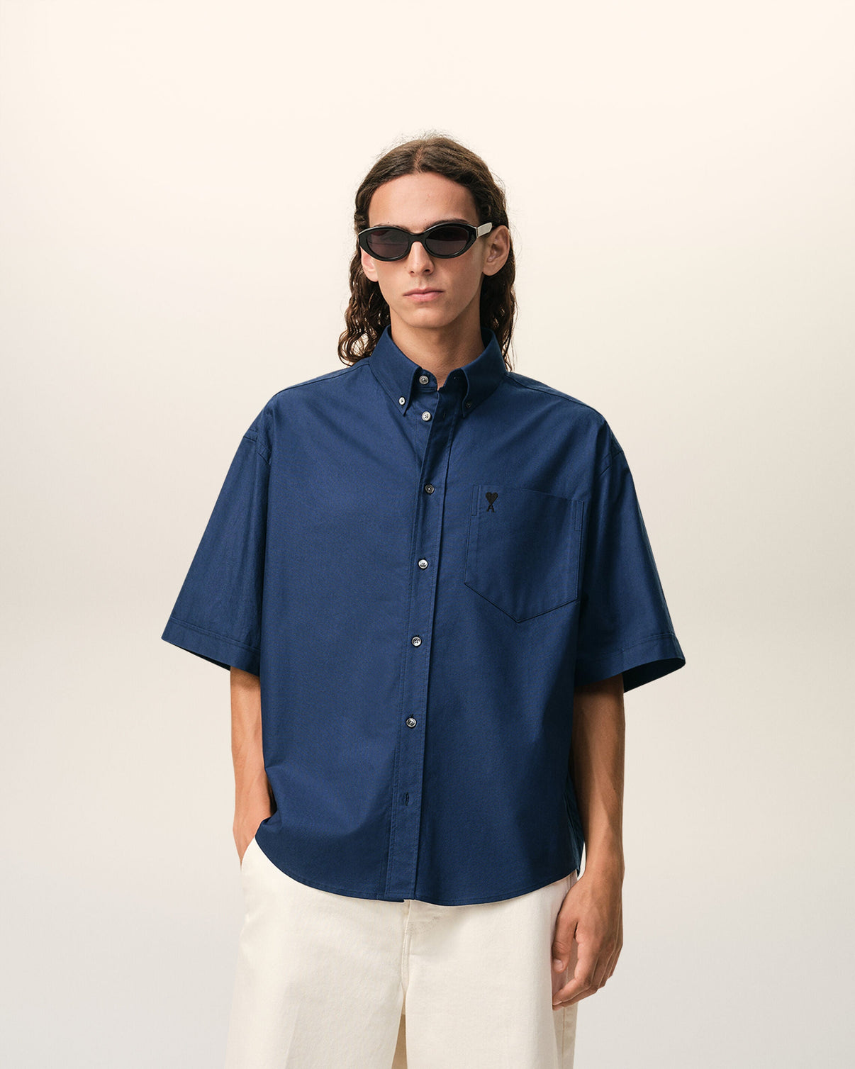 Blue Cotton Boxy Embroidered
