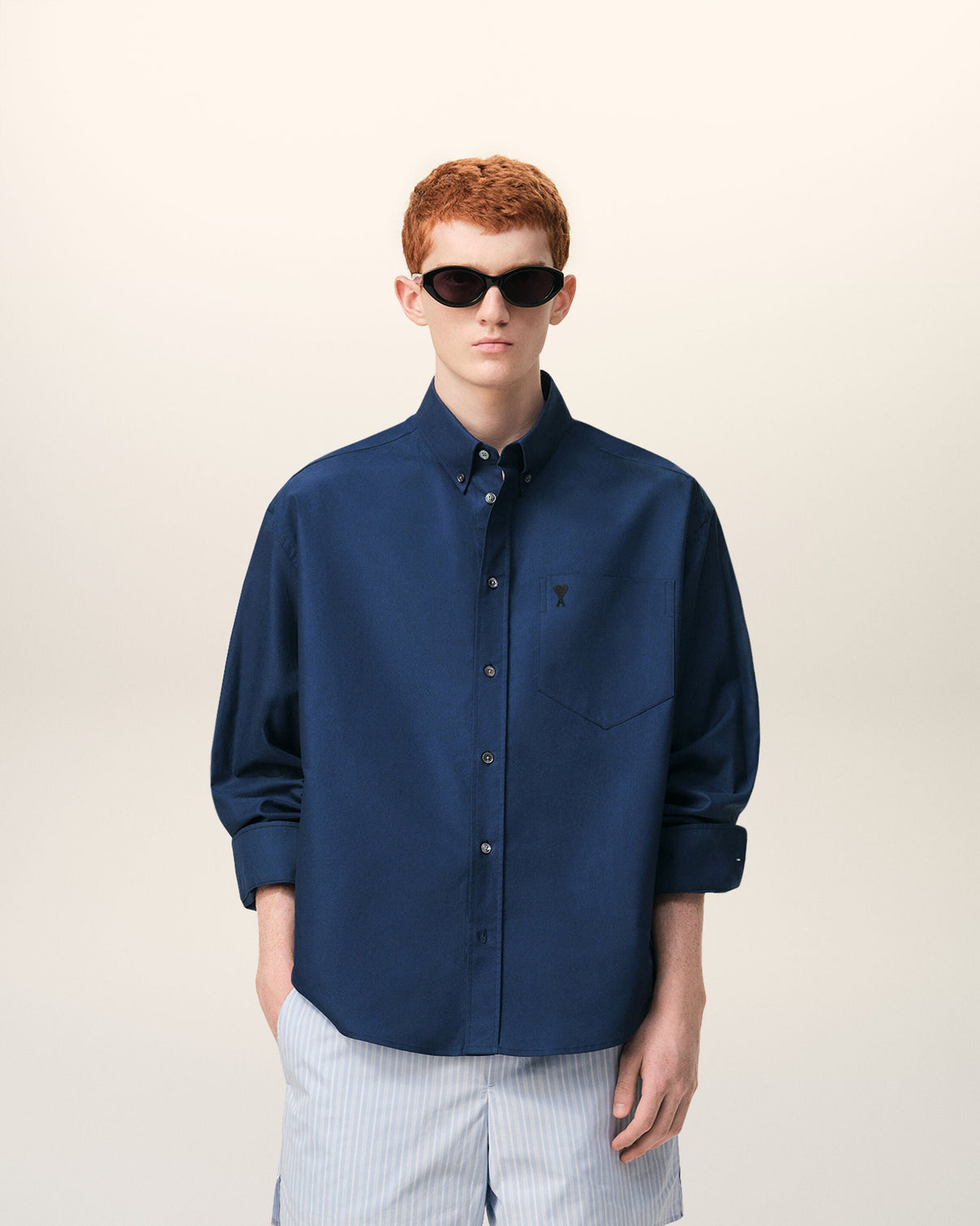 Blue Cotton Boxy Embroidered Shirt