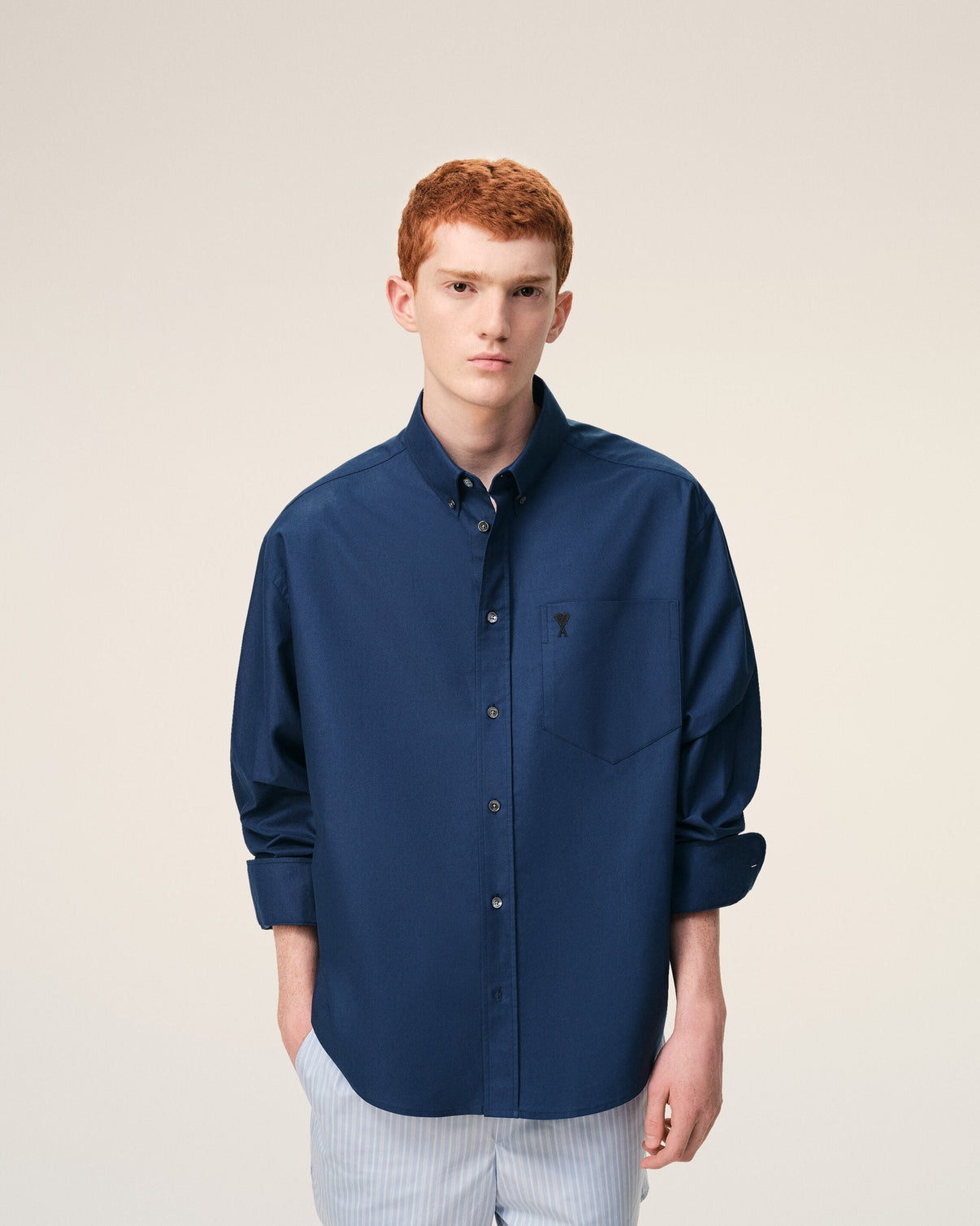 Blue Cotton Boxy Embroidered Shirt