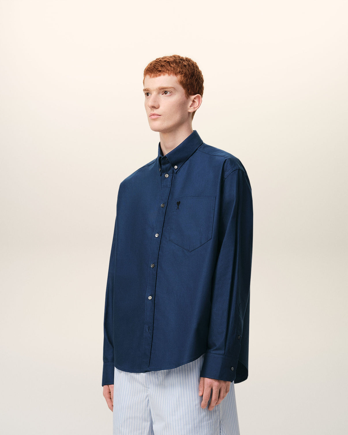 Blue Cotton Boxy Embroidered Shirt