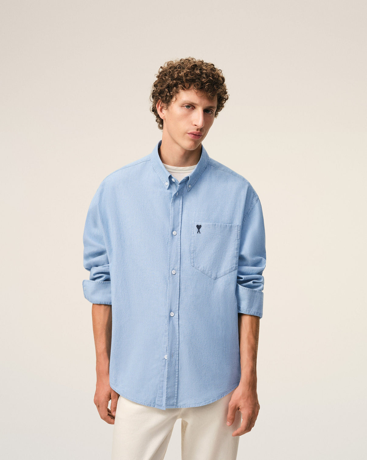 Blue Cotton Boxy Embroidered Shirt