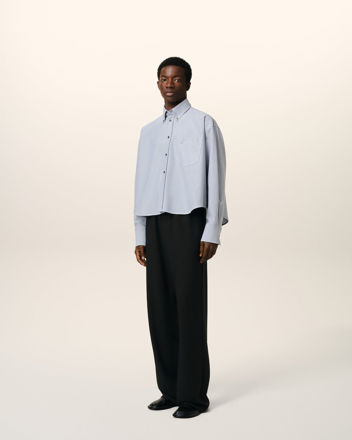Blue Cotton Button-Down Cropped Oversized Shirt