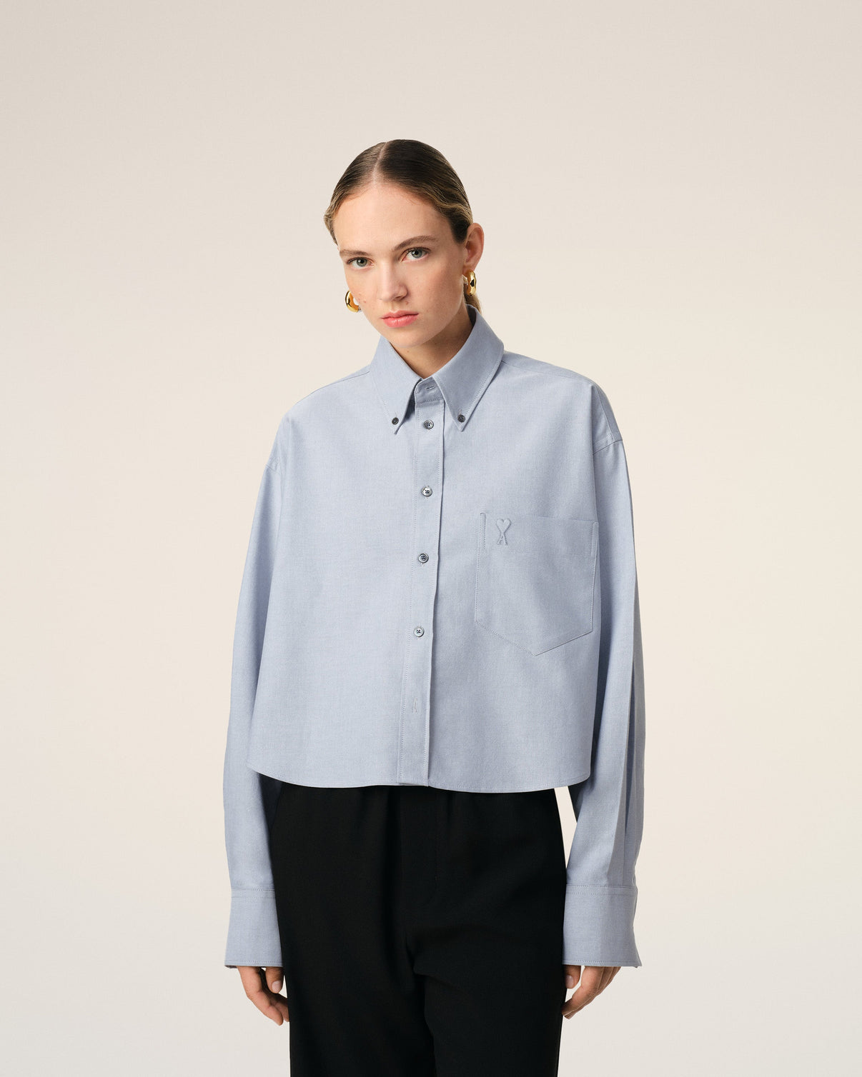 Blue Cotton Button-Down Cropped Oversized Shirt