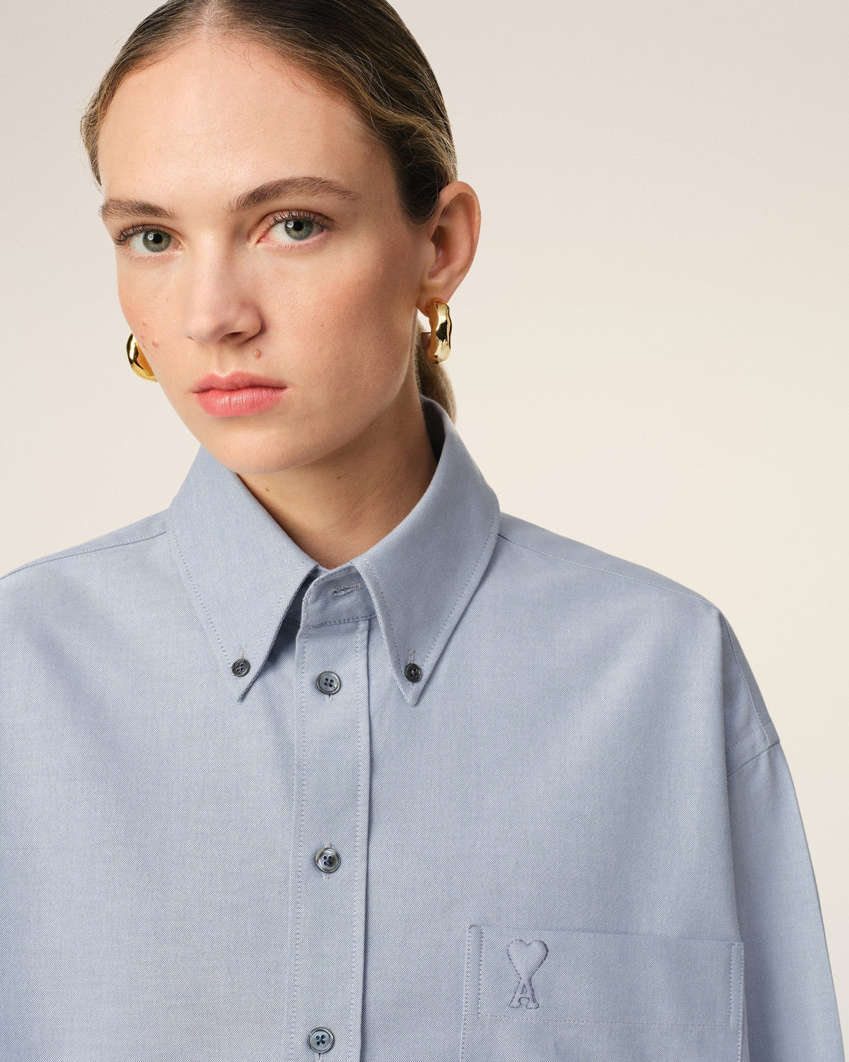 Blue Cotton Button-Down Cropped Oversized Shirt