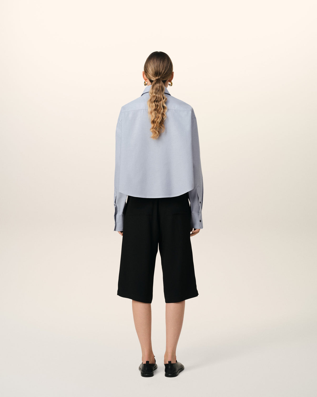 Blue Cotton Button-Down Cropped Oversized Shirt