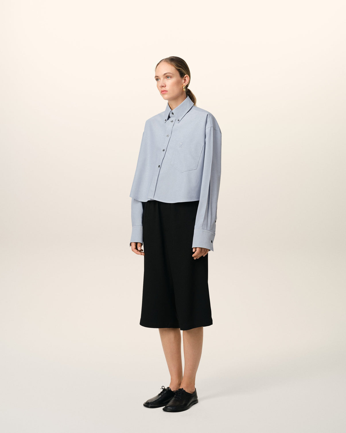 Blue Cotton Button-Down Cropped Oversized Shirt