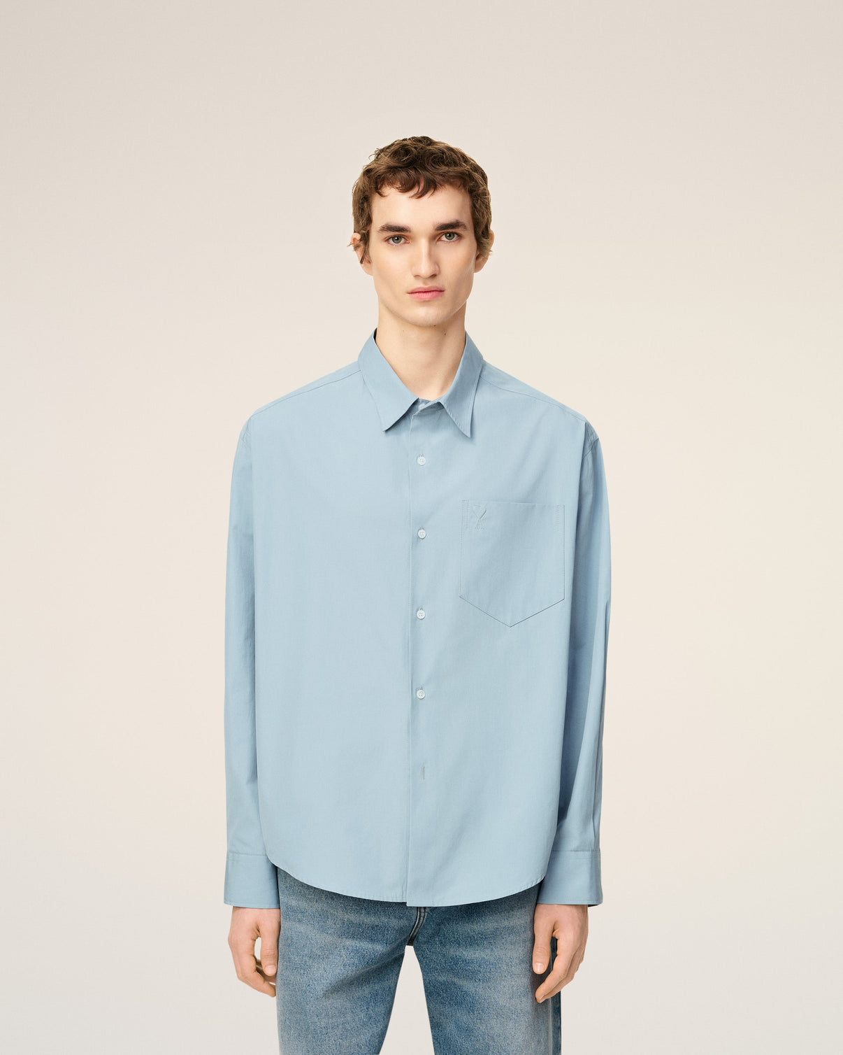 Blue Cotton Embossed Boxy Shirt