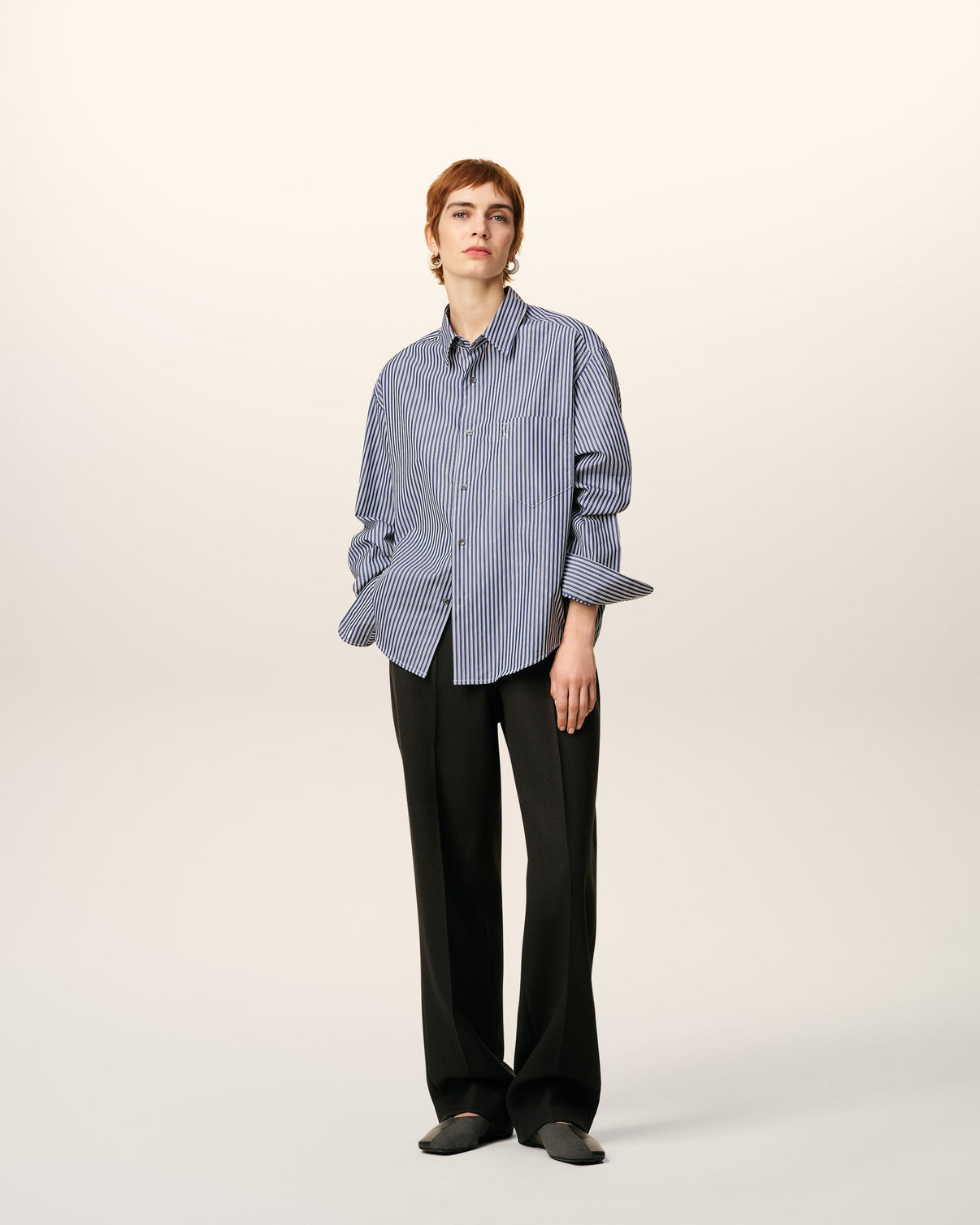 Blue Cotton Embossed Striped Boxy Shirt