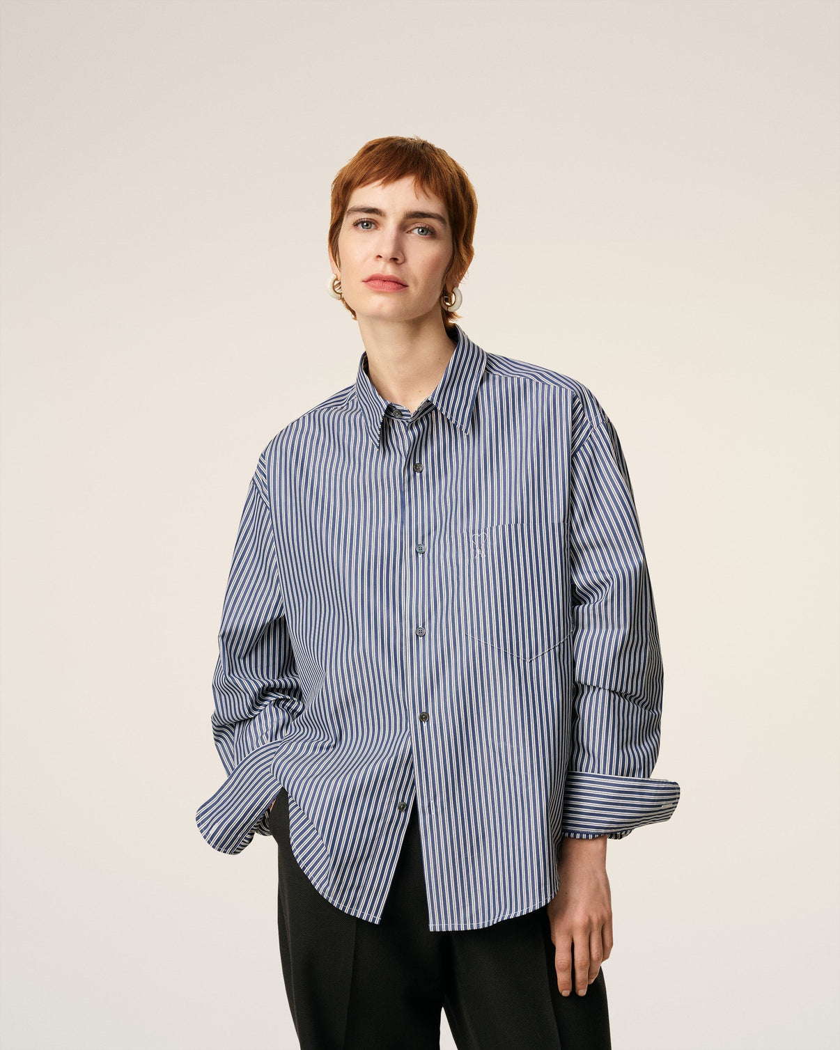 Blue Cotton Embossed Striped Boxy Shirt