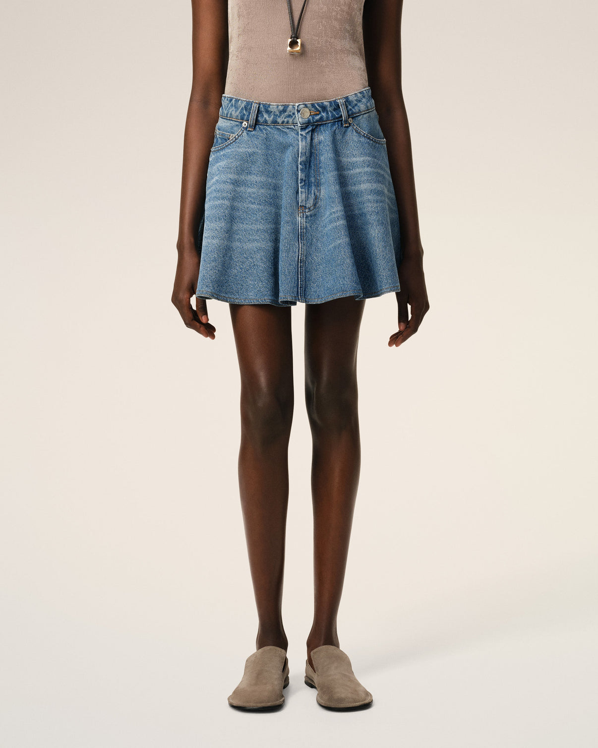 Blue Cotton Flare Mini Skirt