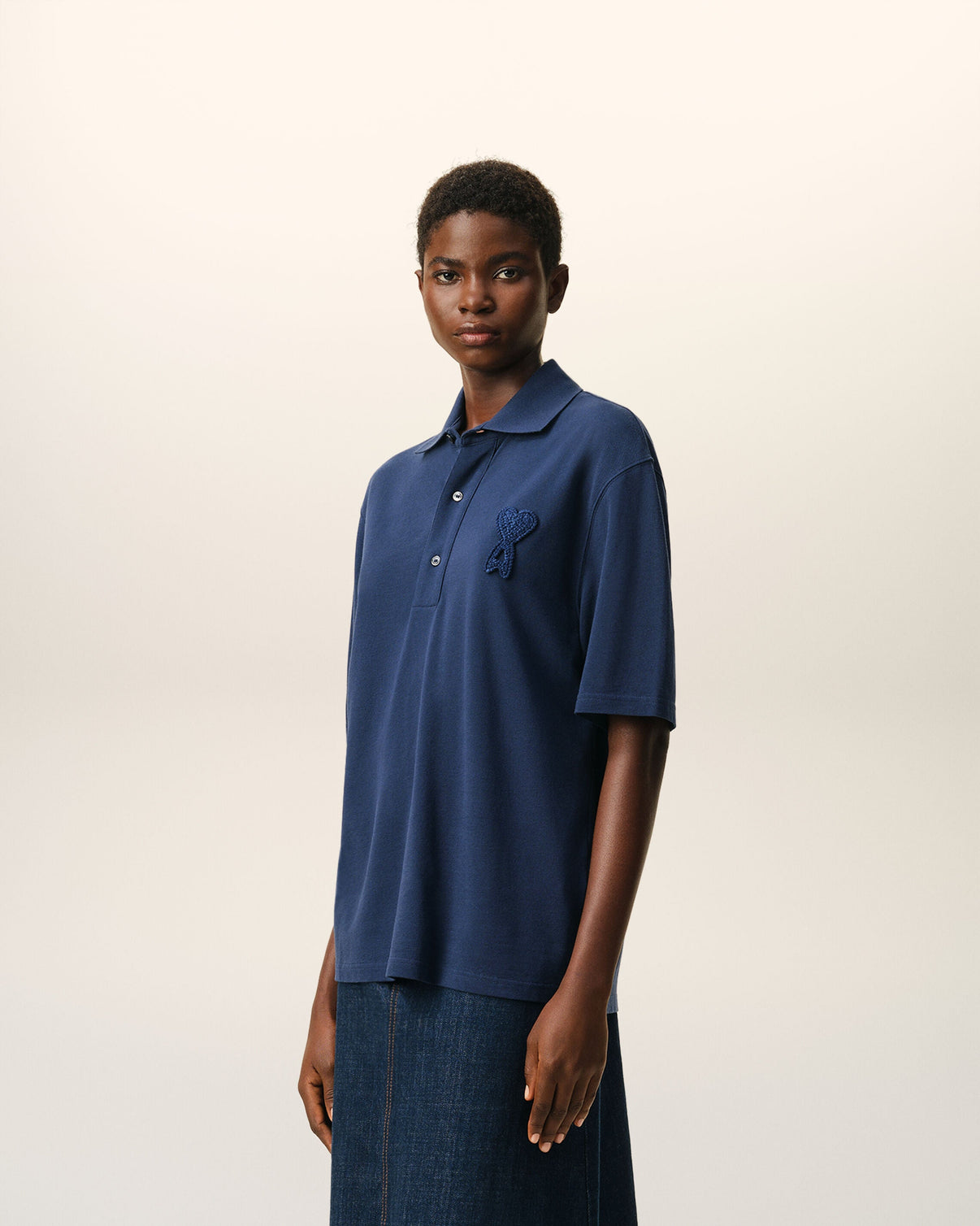 Blue Cotton Knitted Patch Polo
