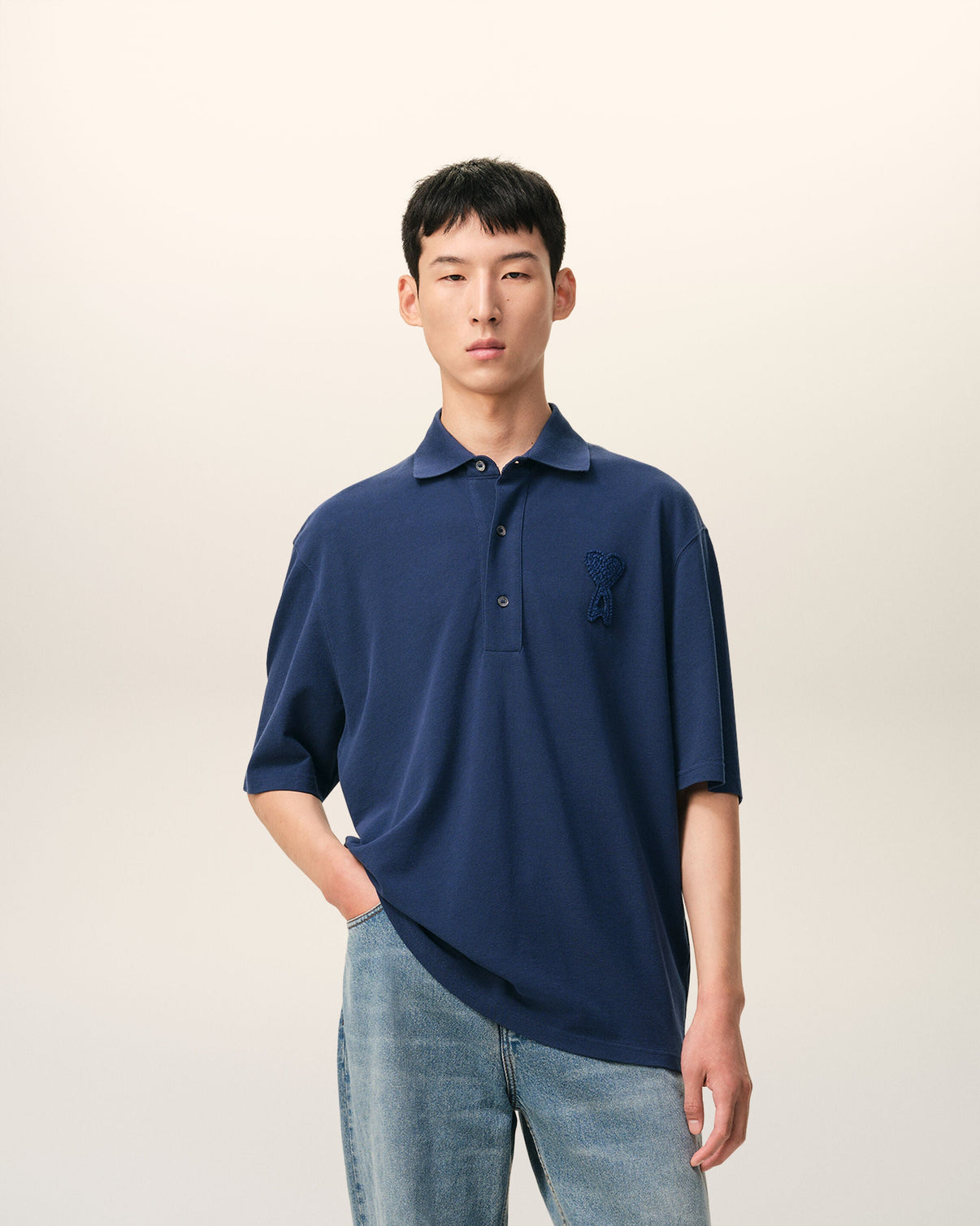 Blue Cotton Knitted Patch Polo