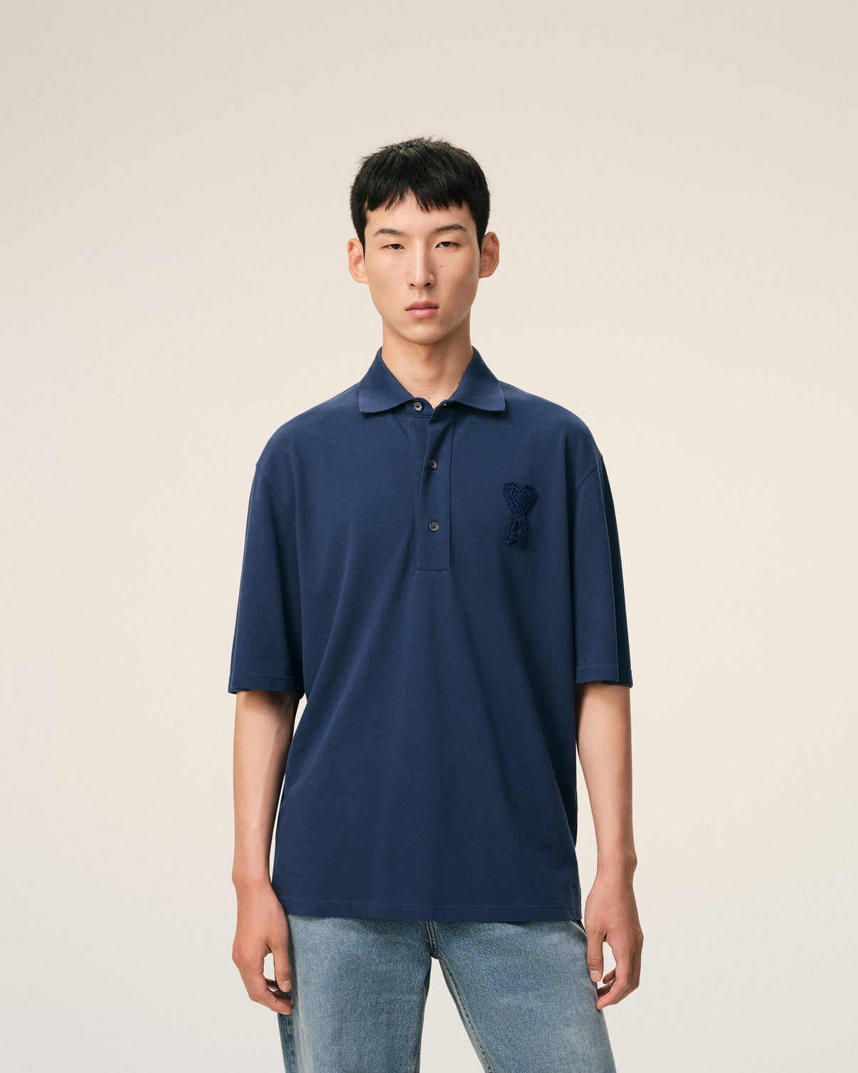 Blue Cotton Knitted Patch Polo