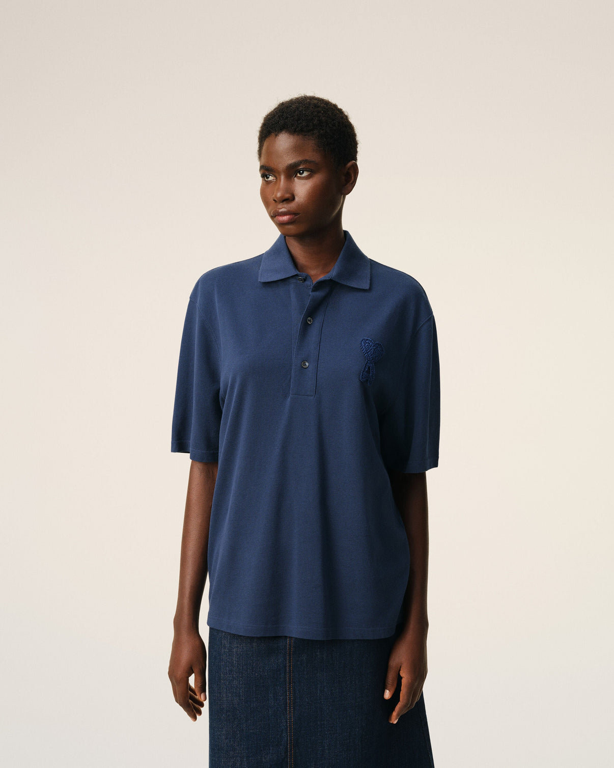 Blue Cotton Knitted Patch Polo
