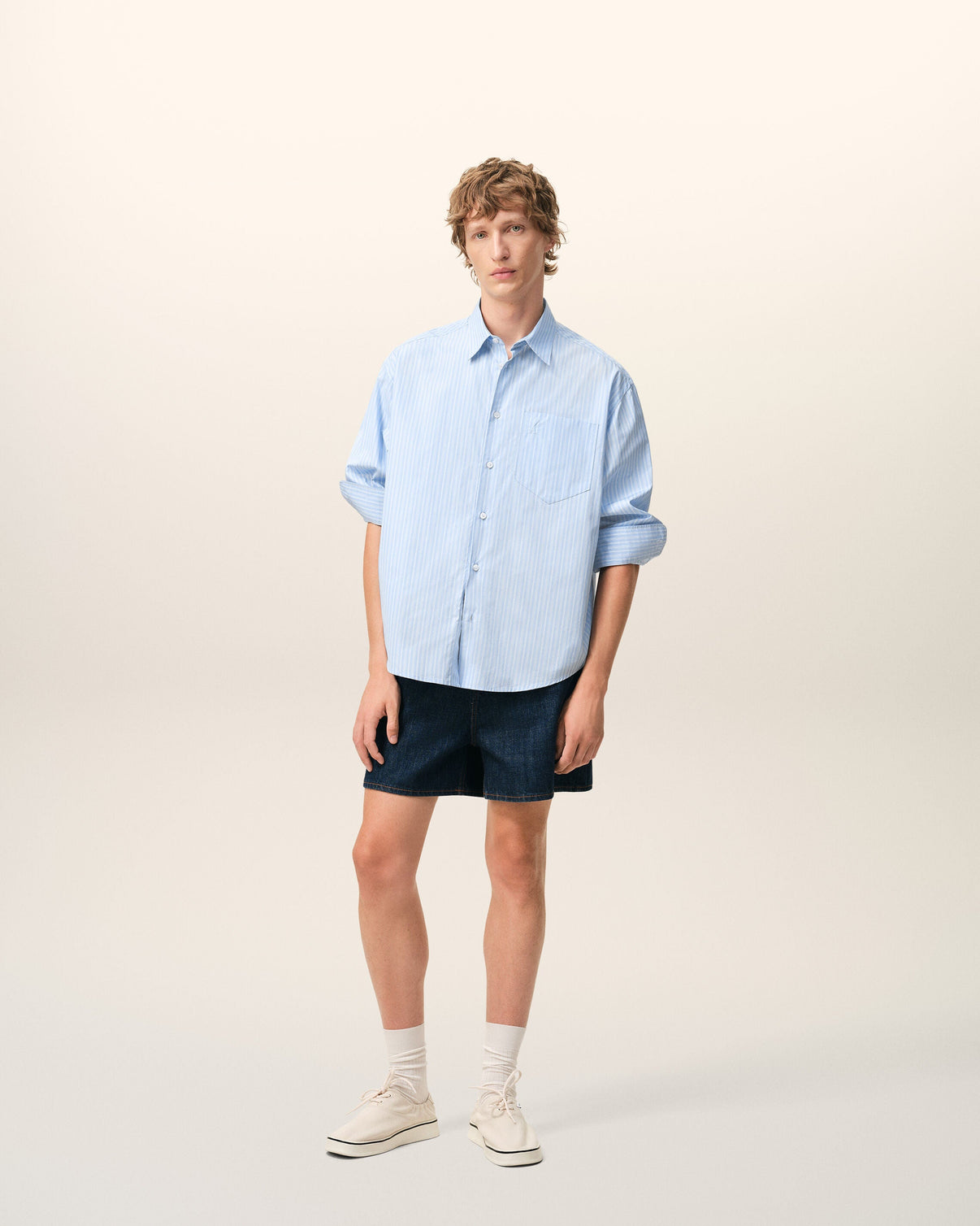 Blue Cotton Long Sleeve Boxy Shirt