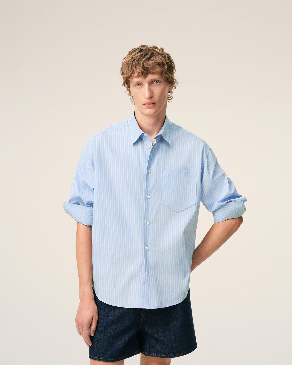 Blue Cotton Long Sleeve Boxy Shirt