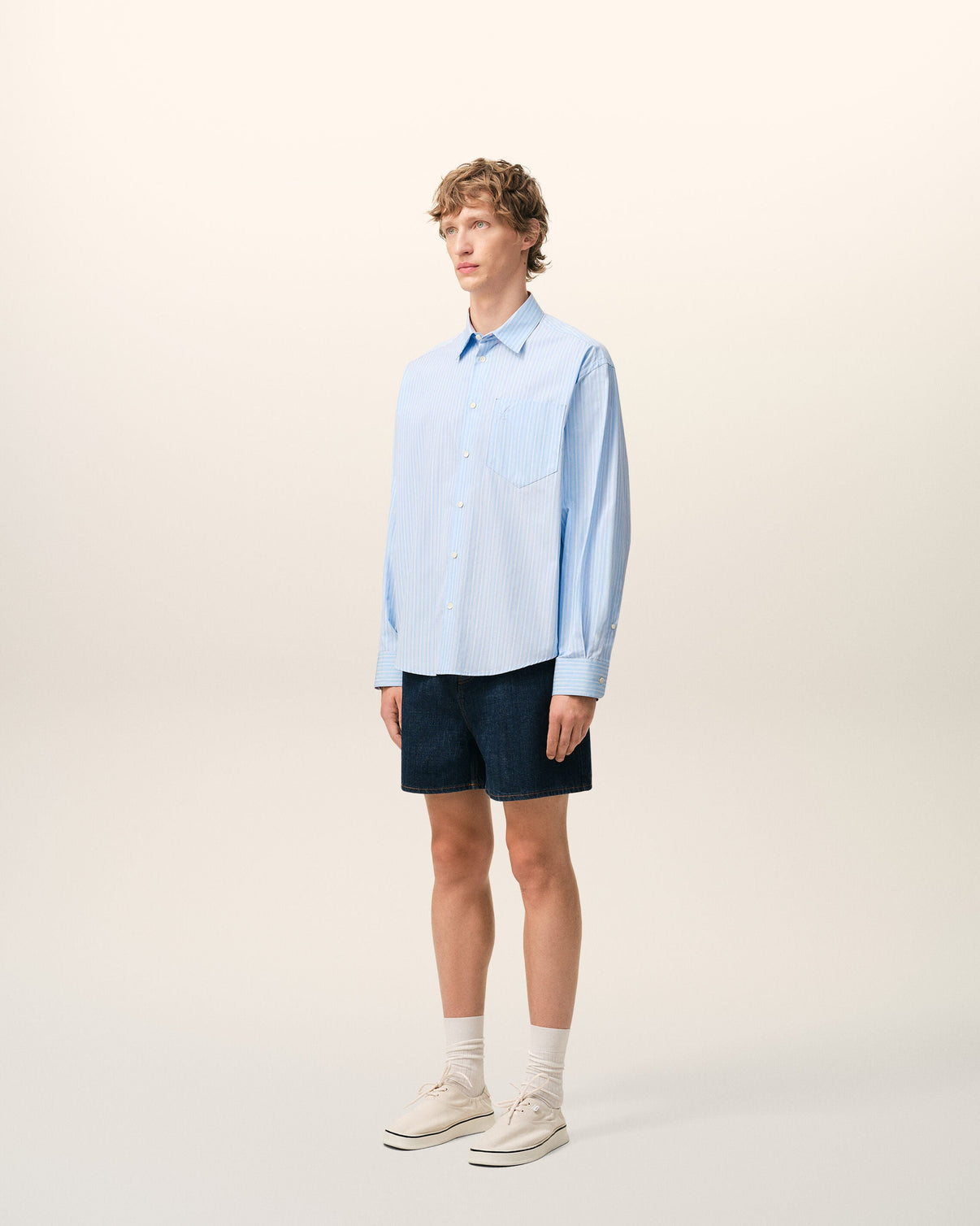Blue Cotton Long Sleeve Boxy Shirt