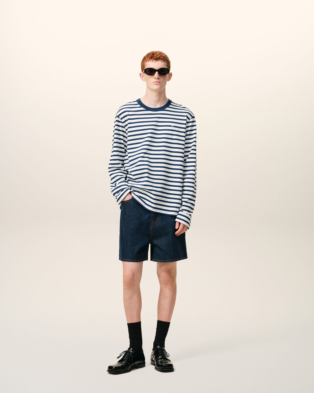 Blue Cotton Long Sleeves Mariniere T-shirt