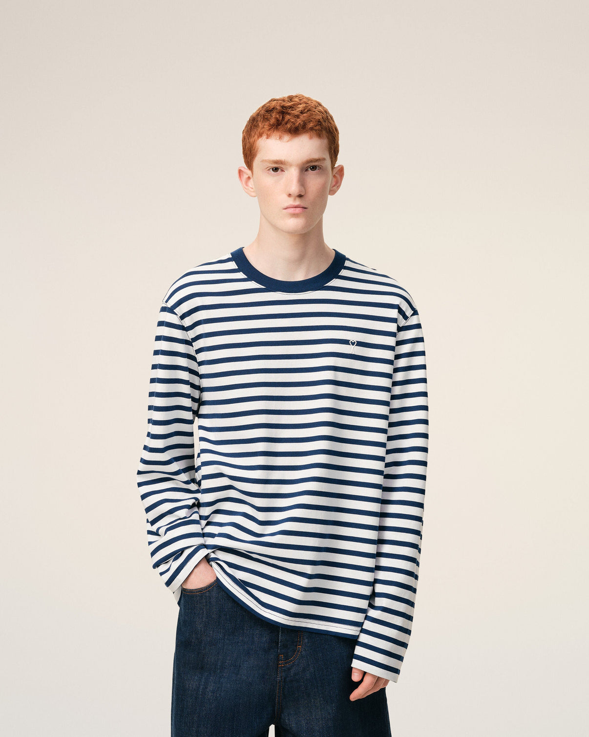 Blue Cotton Long Sleeves Mariniere T-shirt