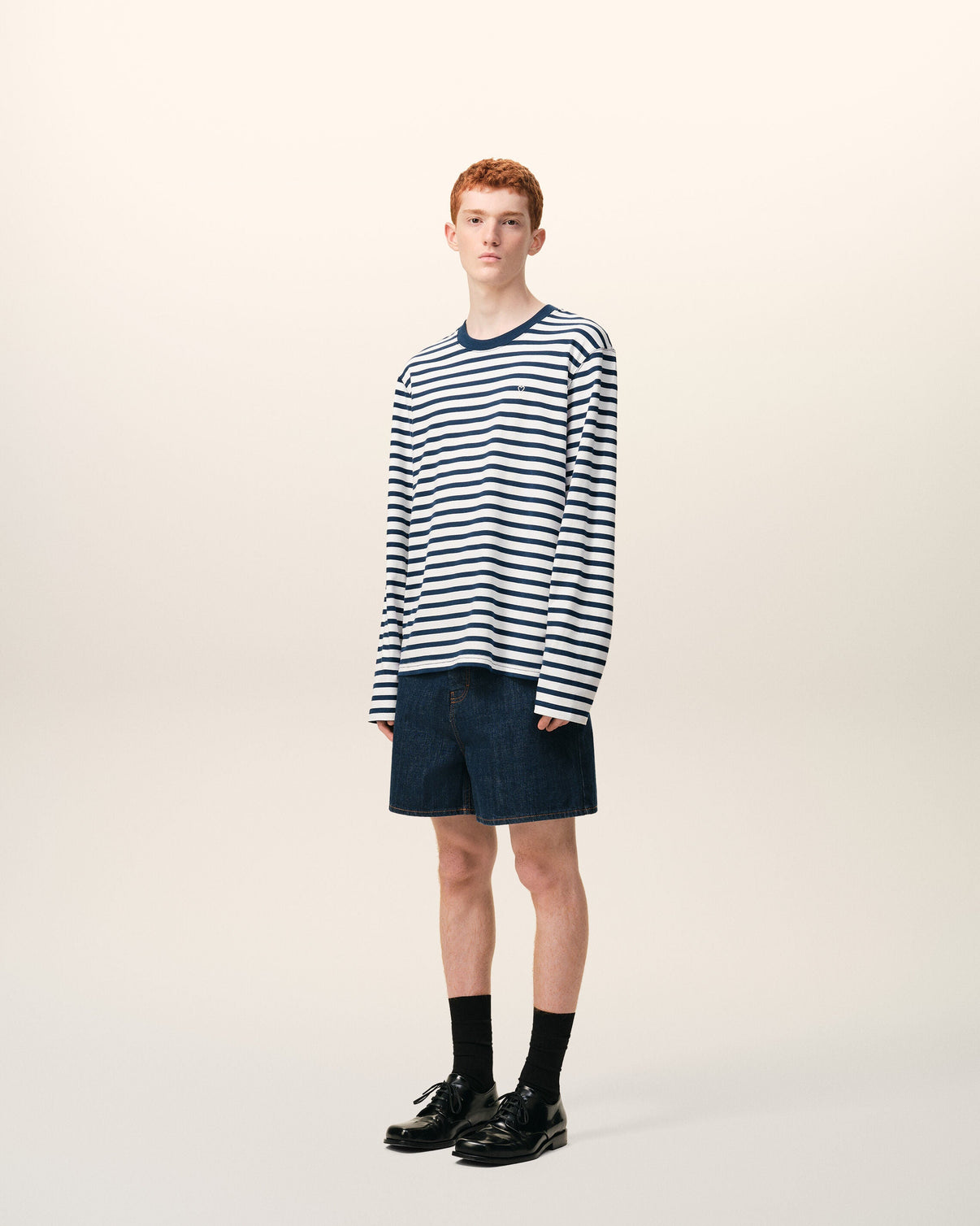 Blue Cotton Long Sleeves Mariniere T-shirt