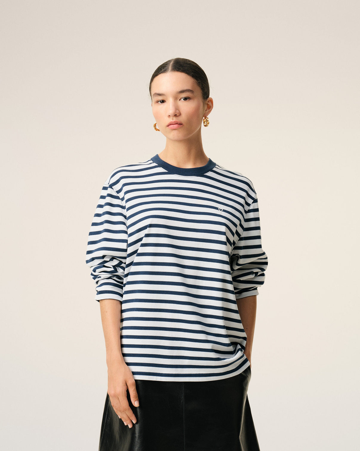 Blue Cotton Long Sleeves Mariniere T-shirt