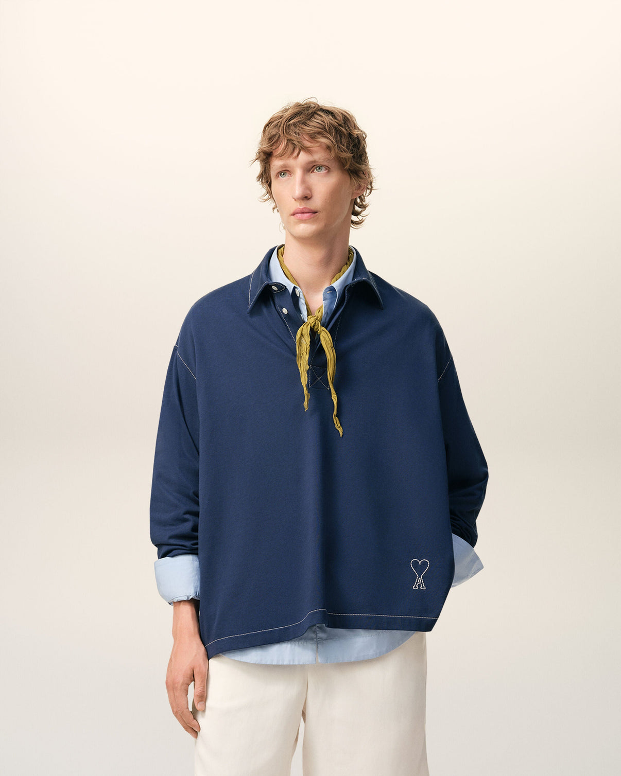 Blue Cotton Long Sleeves Polo
