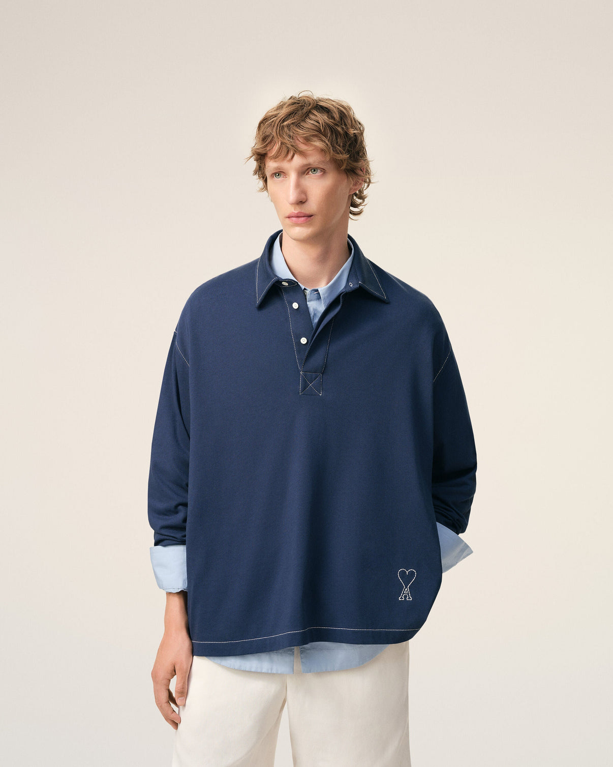 Blue Cotton Long Sleeves Polo
