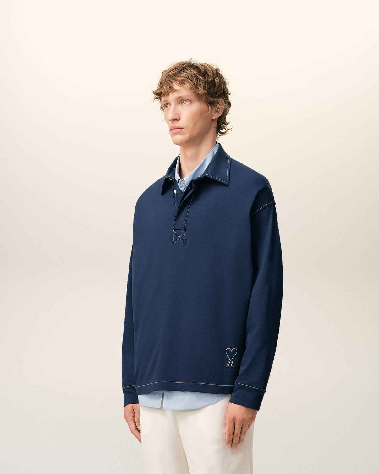 Blue Cotton Long Sleeves Polo
