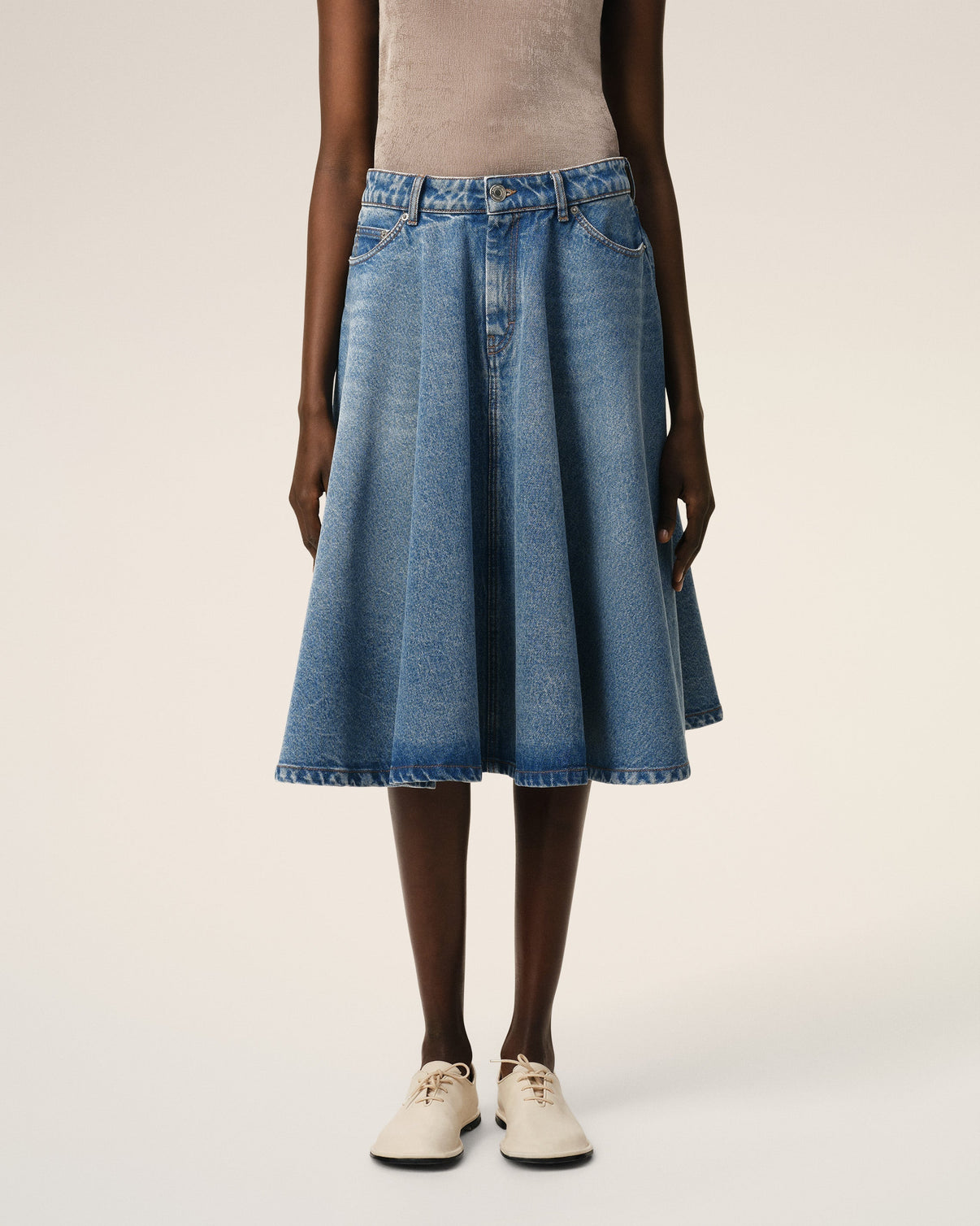 Blue Cotton Midi Skirt With Godets